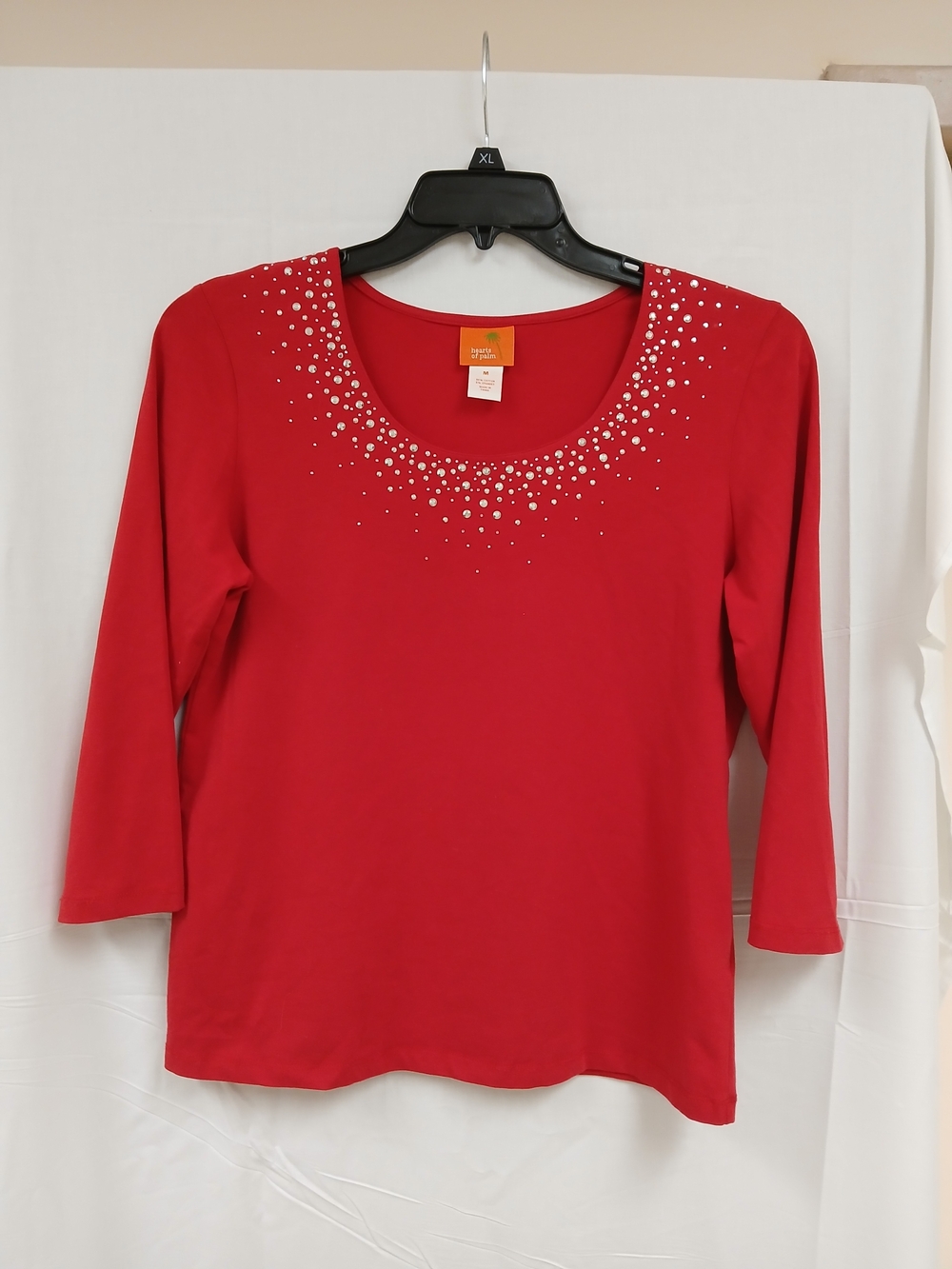 hearts of palm Red Long-Sleeve Scoop Neck Top with Rhinestone Accent